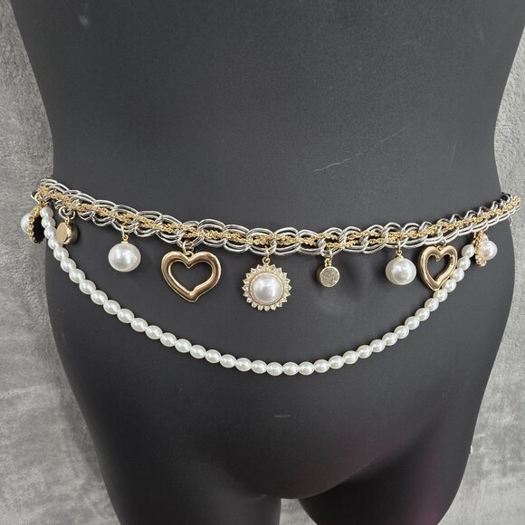 Lovers & Friends Jane Chain Belt Gold Silver Pearls Hearts Adjustable Bling New - Picture 4 of 13